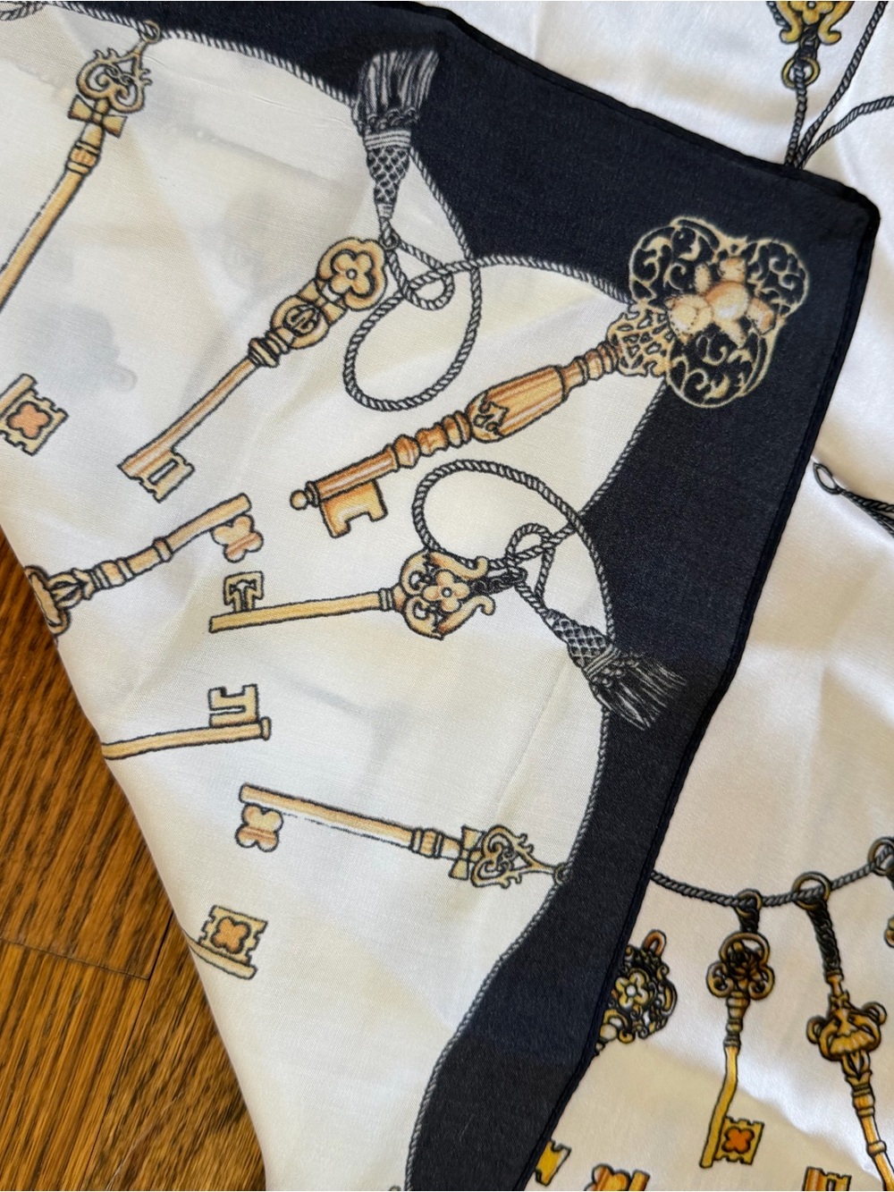 Key Print Square Silk Scarf in Black, White & Gold and Orange Narrow Purse Scarf - Picture 3 of 3